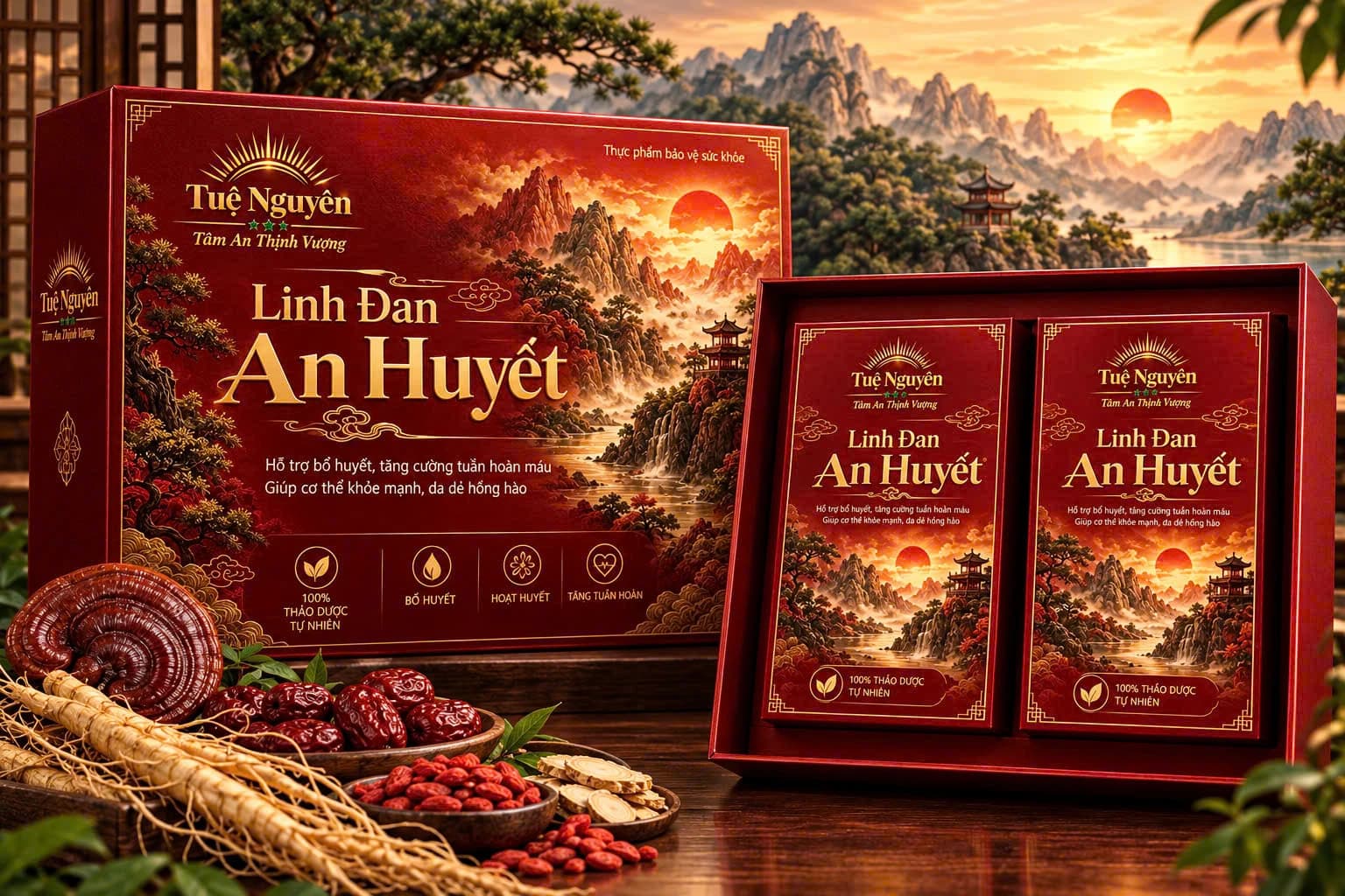 Hộp Linh Đan An Huyết cùng dược liệu